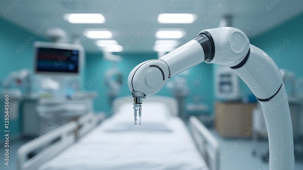 Poster ai-controlled robotic arm precisely administering medication in high-tech hospital setting