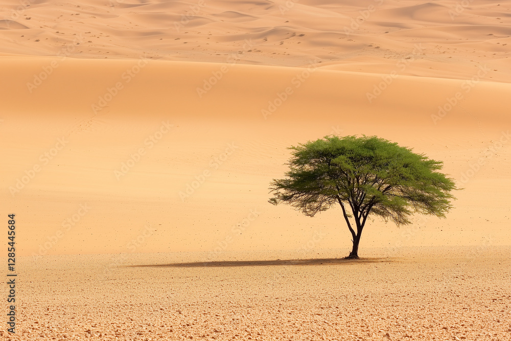 Poster lone tree stands resilient in vast desert, surrounded by endless sand dunes