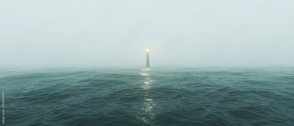 Poster misty ocean scene with lighthouse casting warm glow in distance
