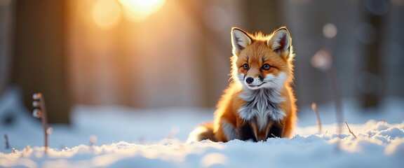 Easter Fox Cub in Snowy Sunset: Vibrant Red and White Fuzzy Wonder. A fox sitting in the snow in front of a wooden structure.