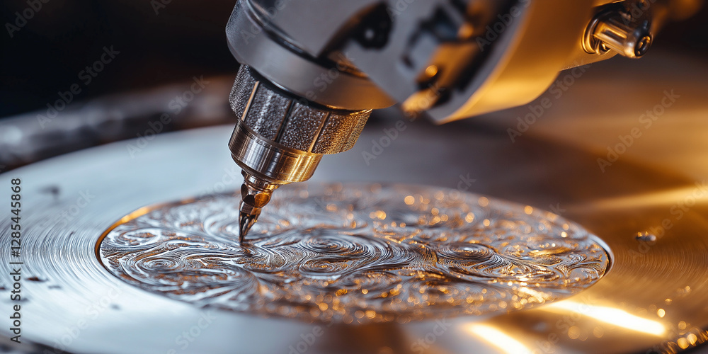 Poster robotic arm intricately engraves patterns on silver surface, showcasing precision
