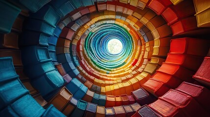 Naklejka premium A vibrant spiral of colorful books against a bright blue sky, symbolizing knowledge and creativity This artistic representation captures the essence of learning and imagination