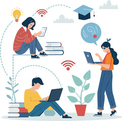Flat vector Illustrations design technology remote working for online education and learning concept and students use computers for studying