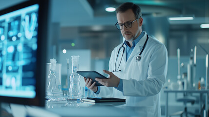Fototapeta premium doctor in modern lab reviews digital data on tablet, surrounded by scientific equipment