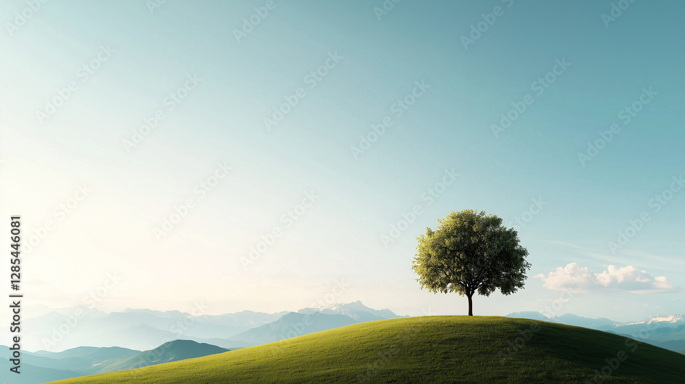 Poster serene minimalist scene with single tree on hill under clear sky