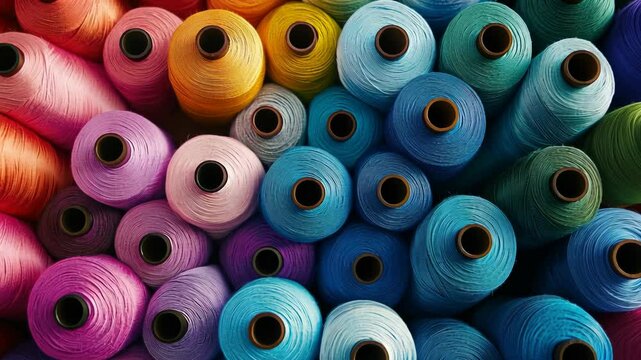 Colorful spools of thread arranged neatly in various shades creating a vibrant textile display