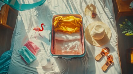 Bright and Colorful Travel Setup on a Bed With a Flamingo Float, Tropical Attire, and Suitcase Preparing for a Summer Getaway