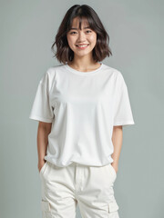 Obraz premium Basic White Oversized Tshirt on Female Model for Mockup - front View