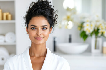 Fresh-Faced Indian Beauty in a Serene White Bathroom generative ai