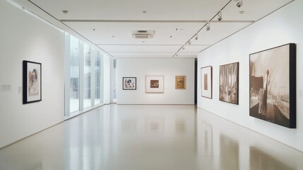 Empty art gallery with paintings on white walls. Possible use in a stock photo for interior design, architecture, art