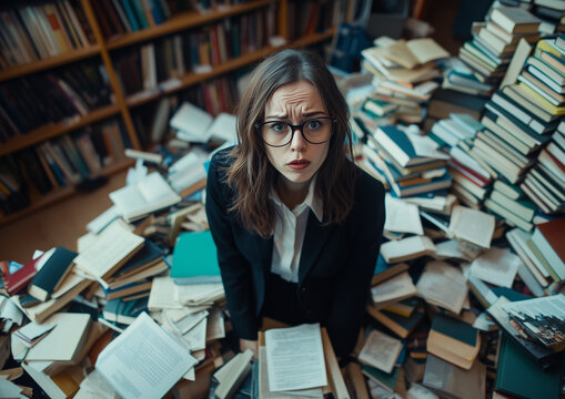 female librarian surrounded by chaotic pile of books looks overwhelmed - Powered by Adobe