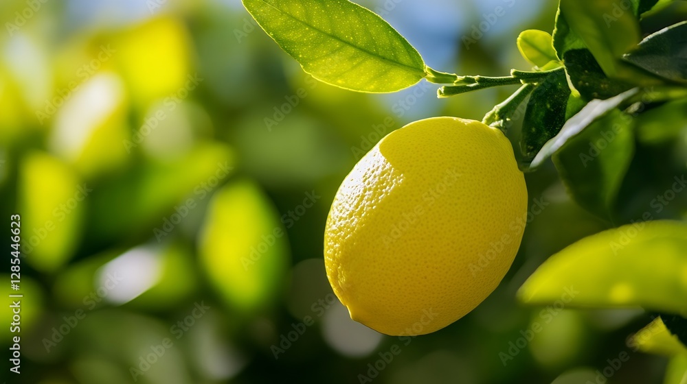 Poster Fresh ripe lemon hanging on a green tree branch with soft sunlight and blurred foliage background : Generative AI