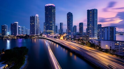Fototapeta premium Vibrant Urban Skyline at Twilight Glowing with Lights Reflecting on Water : Generative AI