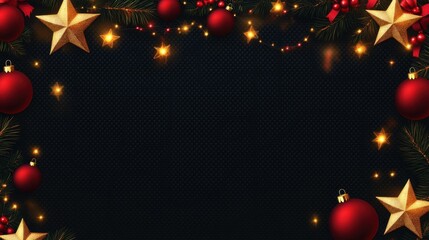 Festive seamless border with golden stars, red balls, and glowing lights creating a realistic Christmas garland on a transparent background.