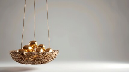 Golden Eggs in Suspended Wicker Basket PNG