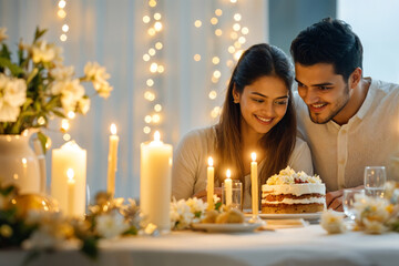 Happy Indian Couple Sharing a Special Moment Over Cake generative ai

