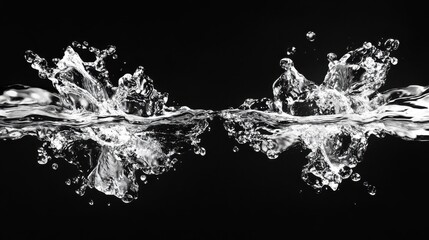 Fresh, clear water splashing against a black background, producing energetic and abstract shapes of droplets and ripples that convey purity.