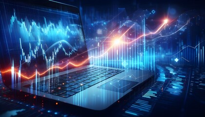 A rising stock market chart with glowing financial data on a blue digital background.