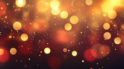 Glowing yellow bokeh circles and shimmering golden dust on a warm holiday gradient of red and orange. Abstract vector illustration.