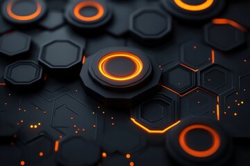 abstract technology design featuring hexagonal shapes with glowing orange lights and futuristic digital elements