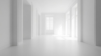Modern Architectural Interior With Sleek Glass Walls and Minimalist Design Showcases a Lone Figure in the Distance, Evoking a Sense of Solitude and Contemplation