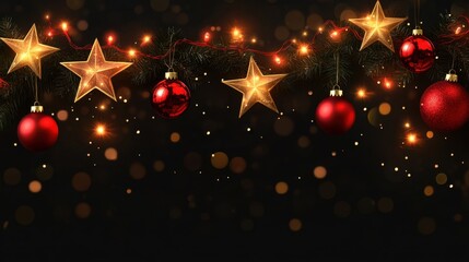 Golden stars and red balls combined with soft glowing lights in a seamless Christmas garland border, isolated on a transparent backdrop.