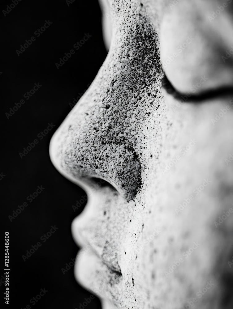 Poster close-up of a stone facial sculpture capturing intricate details : generative ai