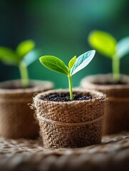 Small Green Seedlings in Eco-Friendly Pots on Rustic Background : Generative AI