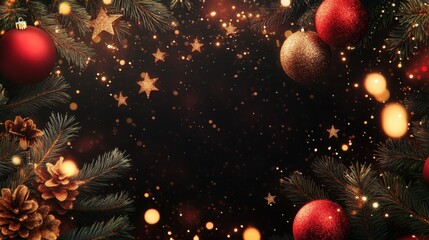 Holiday-themed seamless banner with pine branches, red balls, glowing golden lights, and stars on a clear, transparent background.