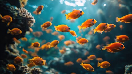 Fototapeta premium A vibrant underwater scene is filled with colorful fish darting amongst the coral reefs