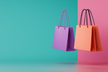 Colorful Shopping Bags Suspended in Stylish Minimalist Background