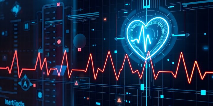 Digital Heartbeat: A digital depiction of a human heart, with vibrant neon lines and a rhythmic heartbeat display against a dark background.