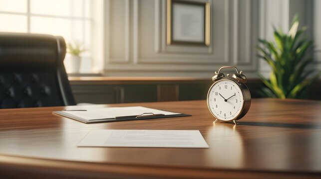 Unpaid overtime case, digital clock and legal forms on a lawyer's desk, 3D