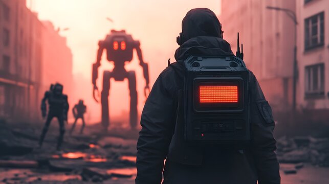 Survivor Holding an EMP Device on a Destroyed Futuristic City Street with Advancing Robots