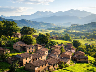 picturesque view of rural village surrounded by mountains
