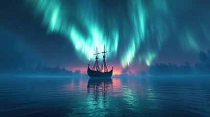 Fototapeta premium A Viking ship sails under the aurora borealis, a breathtaking sight