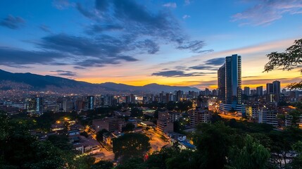 Fototapeta premium Breathtaking Cityscape at Sunset Overlooking Buildings and Mountains in a Vibrant Metropolis : Generative AI