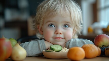 Fototapeta premium Baby eating healthy meal, home, fruit background, portrait