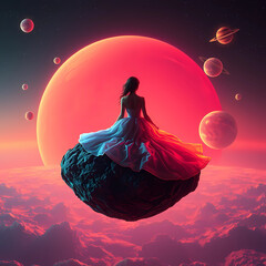 Madison Beer in a sequined red cocktail dress, long curly hair floating in the breeze, on an isolated planet, back half- turned. stars raining down, a majestic lion with golden mane watching her. Gala