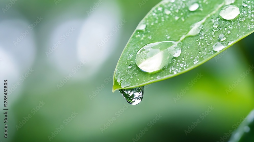 Poster close up of a lush green leaf with droplets of water glistening in the sunlight creating a refreshin