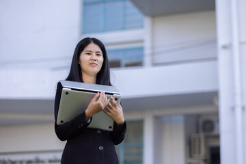 Future remote work combines technology smart phone digital business woman enable e-learning...