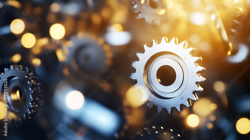 Poster mechanical gears close up showing industrial design and movement in a beautiful light : generative a