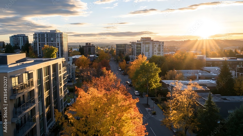 Poster breathtaking aerial view of a city street lined with autumn trees illuminated by the warm glow of a 