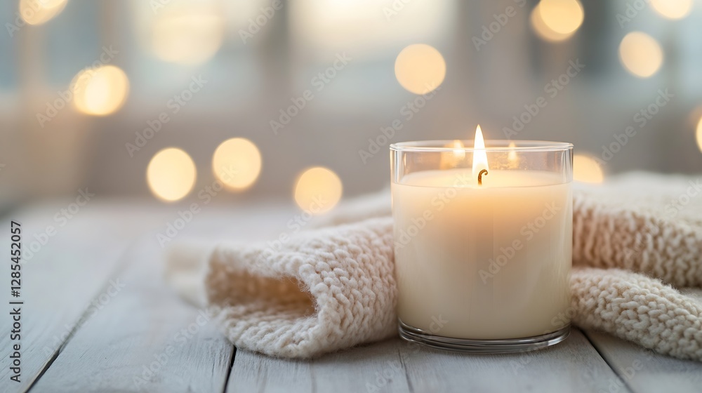 Poster serene candle burning with cozy light and knitted blanket in a tranquil setting : generative ai