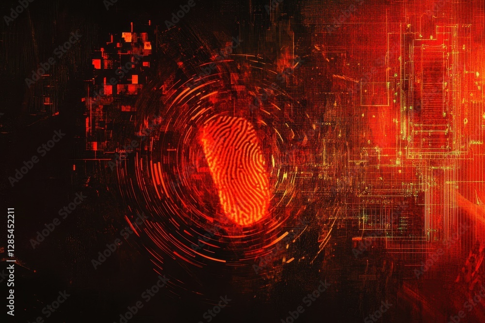 Poster biometric fingerprint overlay on digital data processing background showcasing innovation in securit