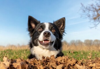 Happy Border Collie In Autumn Leaves