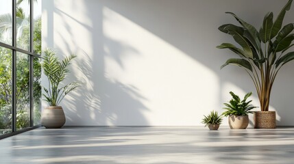 Modern Interior Space With Large Windows Allowing Natural Light, Featuring Various Indoor Plants and Minimalist Decor