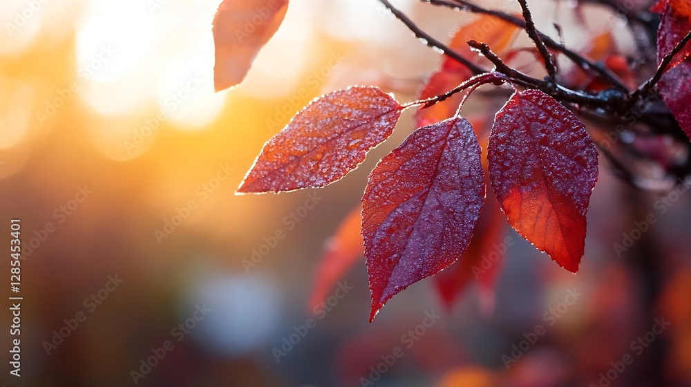 Aufkleber close up of dew-kissed red leaves illuminated by sunlight creating a magical autumn atmosphere : gen