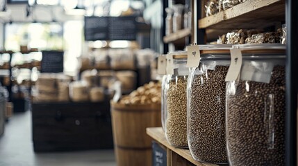 Bulk food and grains in a rustic grocery store