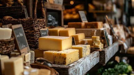 Artisan cheese shop with various cheese selections